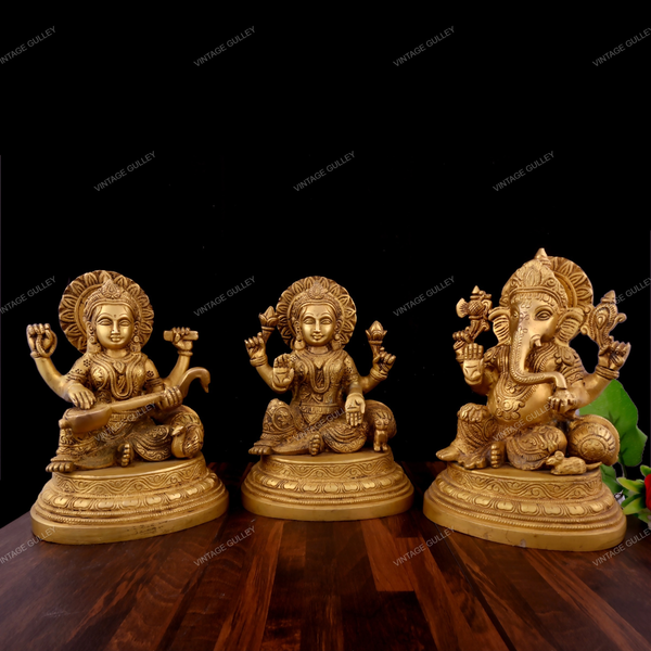 Brass Laxmi Ganesha Saraswati Sitting Paoti