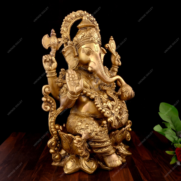 Brass Lord Ganesha Idol Sitting on A Lotus