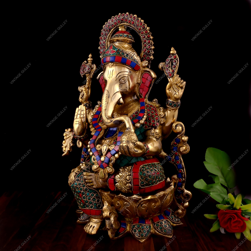 Brass Lord Ganesha Idol Sitting on A Lotus - Stonework
