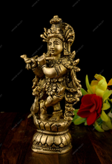 Brass Lord Krishna Idol Playing Flute Small