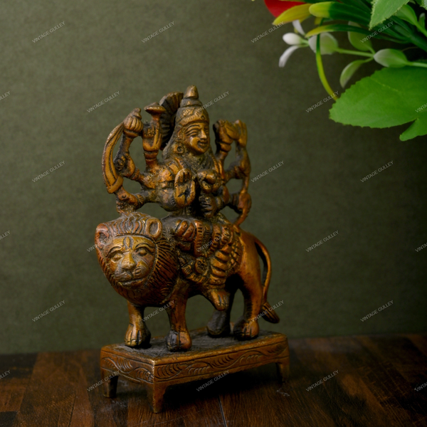Brass Durga Idol Sitting on Lion Small - Antique