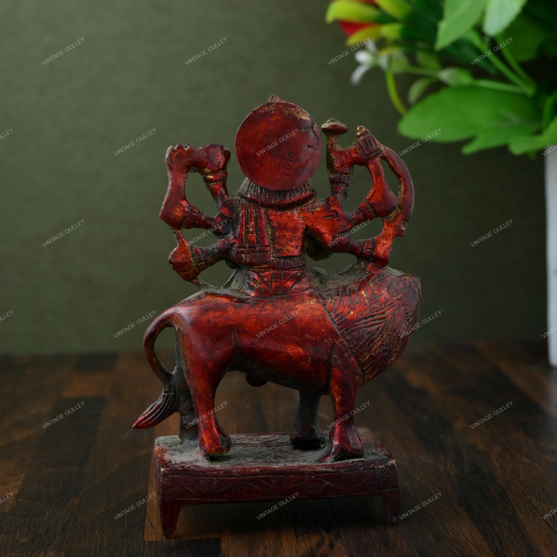 Brass Durga Idol Sitting on Lion Small - Red