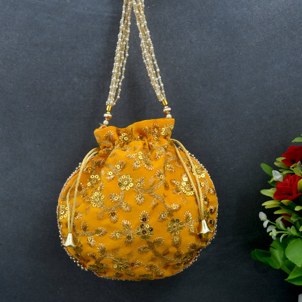Women's Velvet Ethnic Rajasthani Potli Bag - Yellow