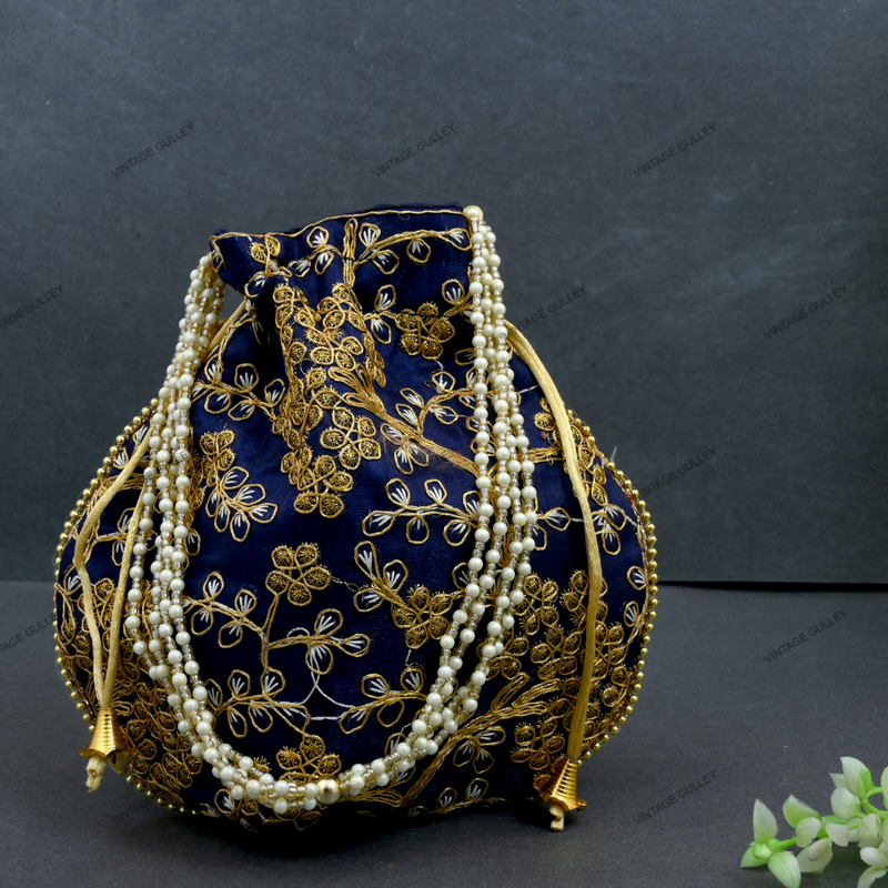 Women's Ethnic Rajasthani Potli Bag - Navy Blue
