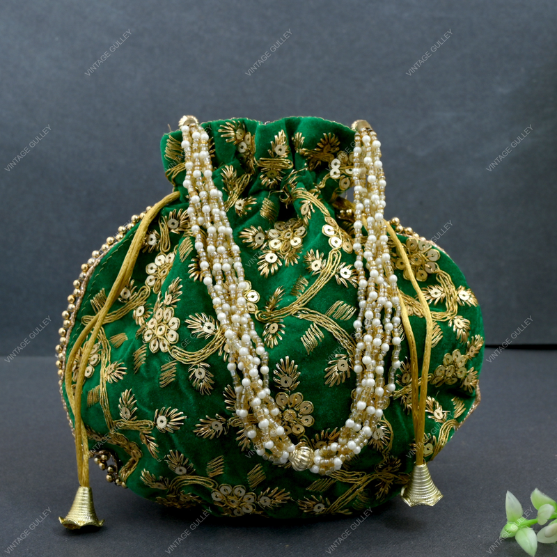 Women's Velvet Ethnic Rajasthani Potli Bag - Green