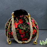 Women's Ethnic Rajasthani Potli Bag - Black Flower