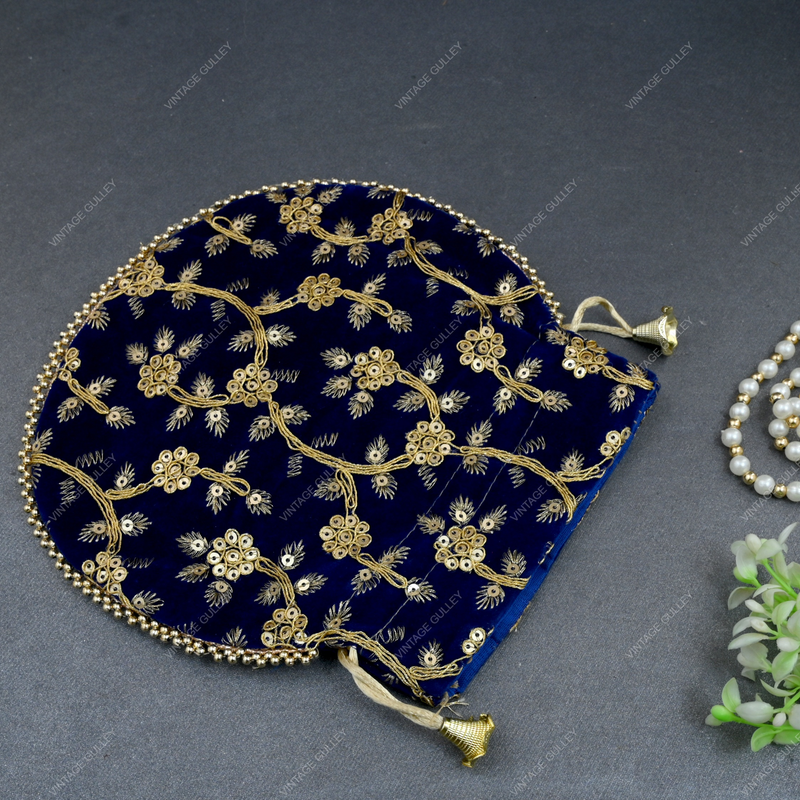 Women's Velvet Ethnic Rajasthani Potli Bag - Royal Blue