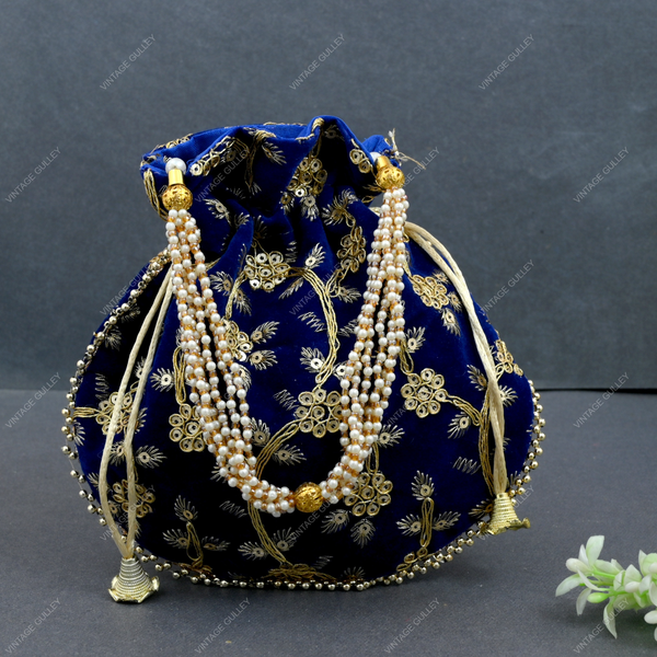 Women's Velvet Ethnic Rajasthani Potli Bag - Royal Blue