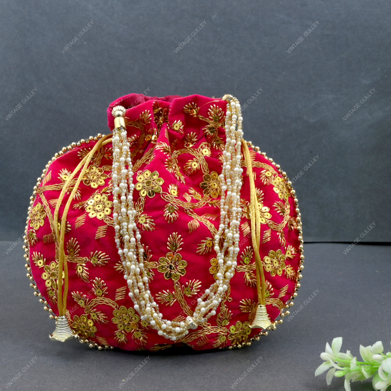 Women's Velvet Ethnic Rajasthani Potli Bag - Pink