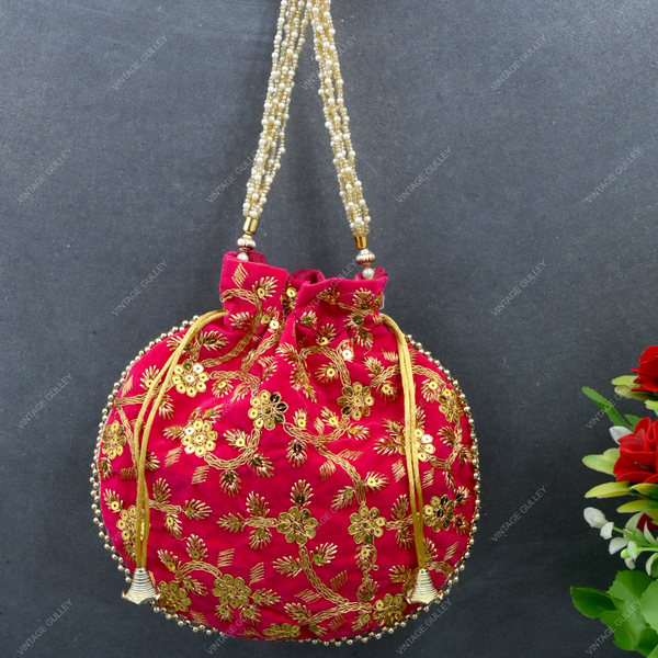 Women's Velvet Ethnic Rajasthani Potli Bag - Pink