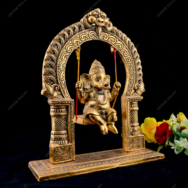 White Metal Golden Oxidized Ganesha on Swing
