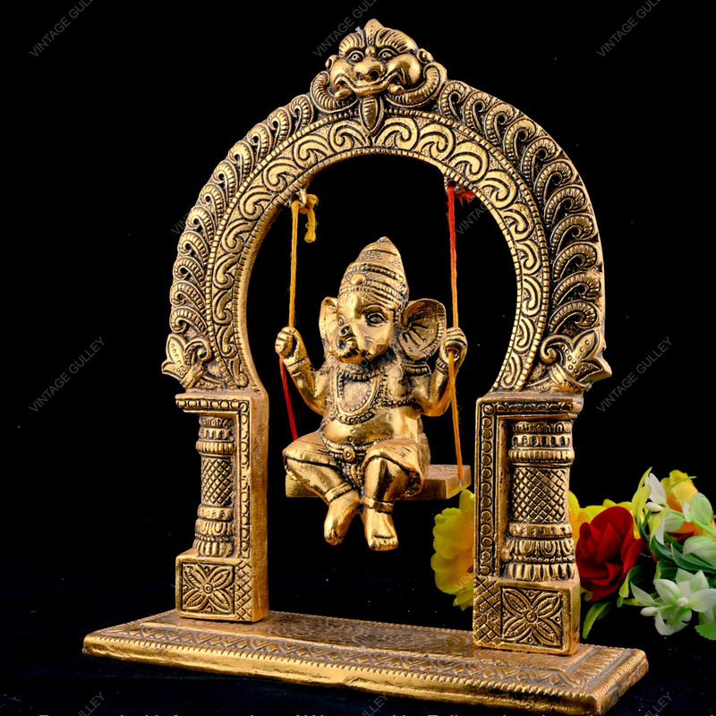 White Metal Golden Oxidized Ganesha on Swing