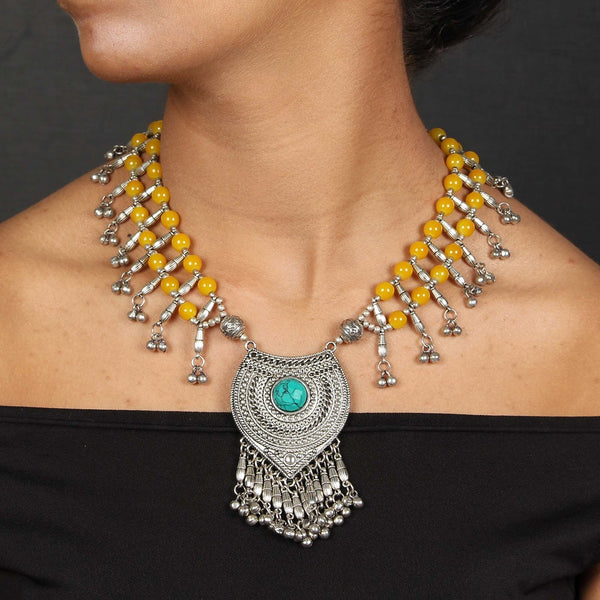 Oxidized Boho Necklace - Double Yellow Beads - Vintage Gulley