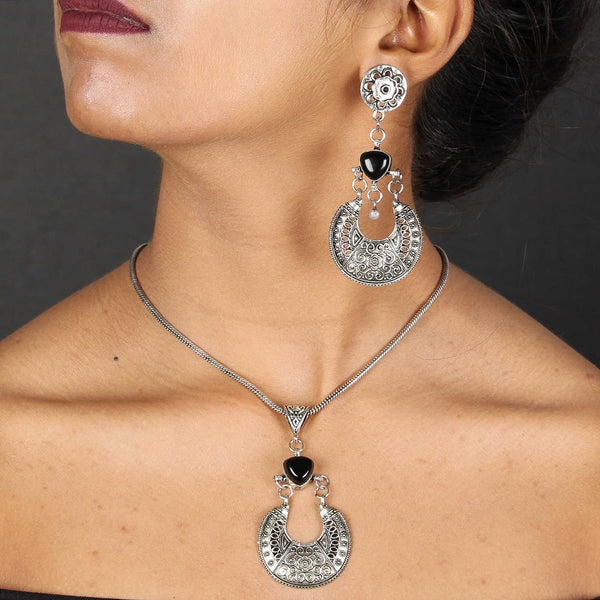 Oxidized Boho Statement Necklace with Earrings - Vintage Gulley