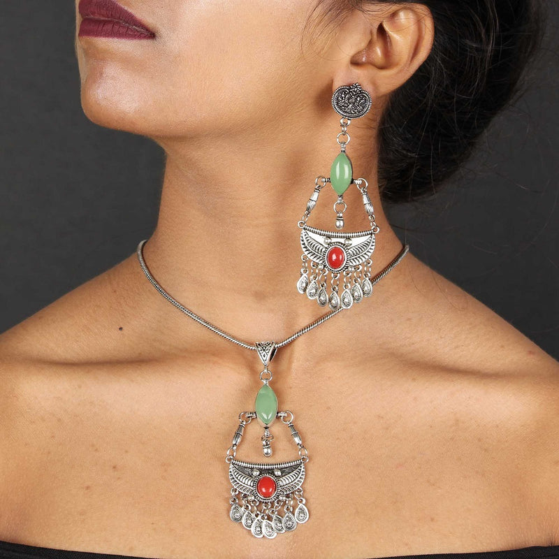 Oxidized Boho Statement Necklace with Earrings - Vintage Gulley