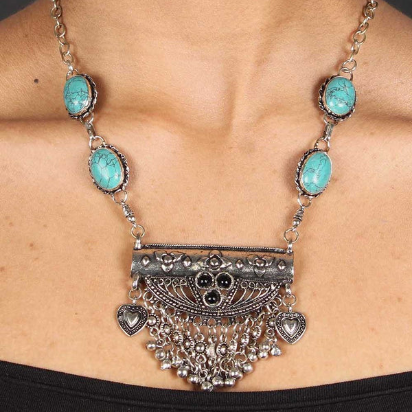 Oxidized Boho Necklace - Blue Semi Precious Stones - Vintage Gulley