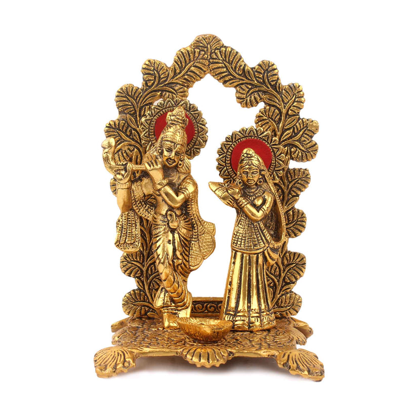 Metal Lord Radha Krishna Idol with Diya Golden Finish