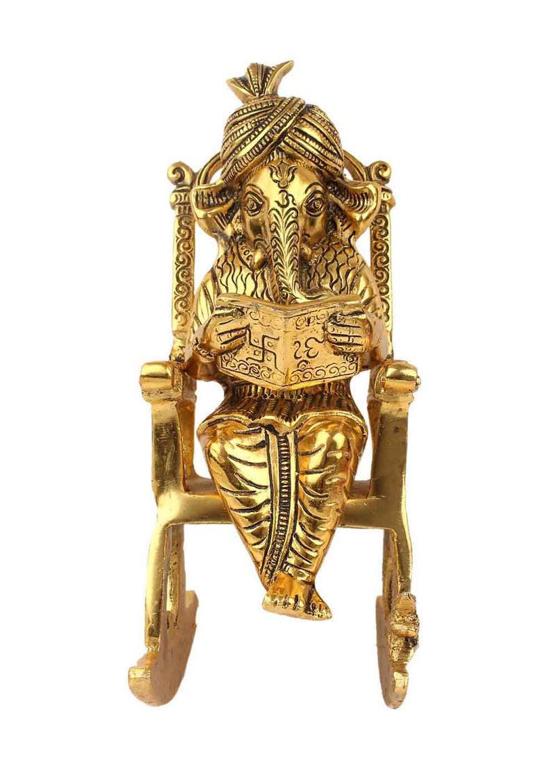 White Metal Golden Oxidized Ganesha Reading Chair Fine Carving