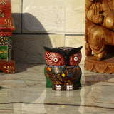 Hand Carved & Hand Painted Wooden Owl - Orange with Bird Motif - 4 Inches - Vintage Gulley