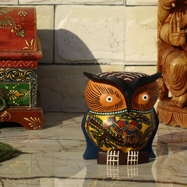 Hand Carved & Hand Painted Wooden Owl - Yellow with Bird Motif - 5 inches - Vintage Gulley