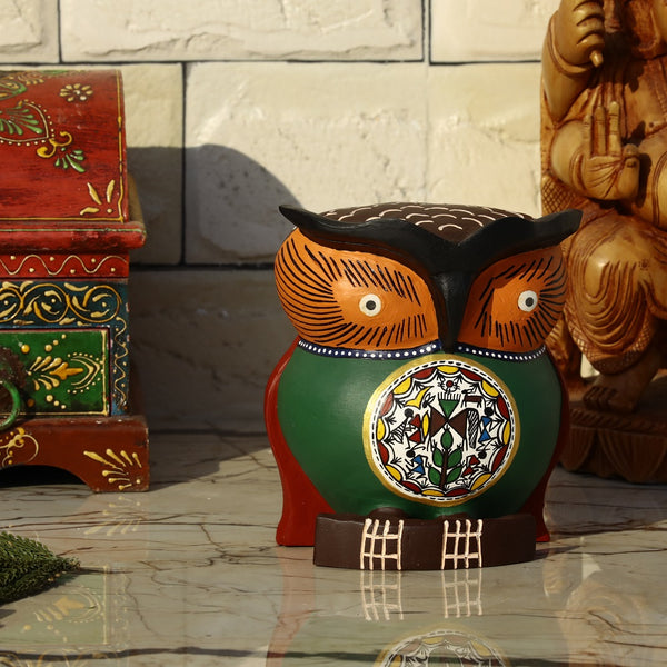 Hand Carved & Hand Painted Wooden Owl - Green with Tribal Motif - 6 inches - Vintage Gulley