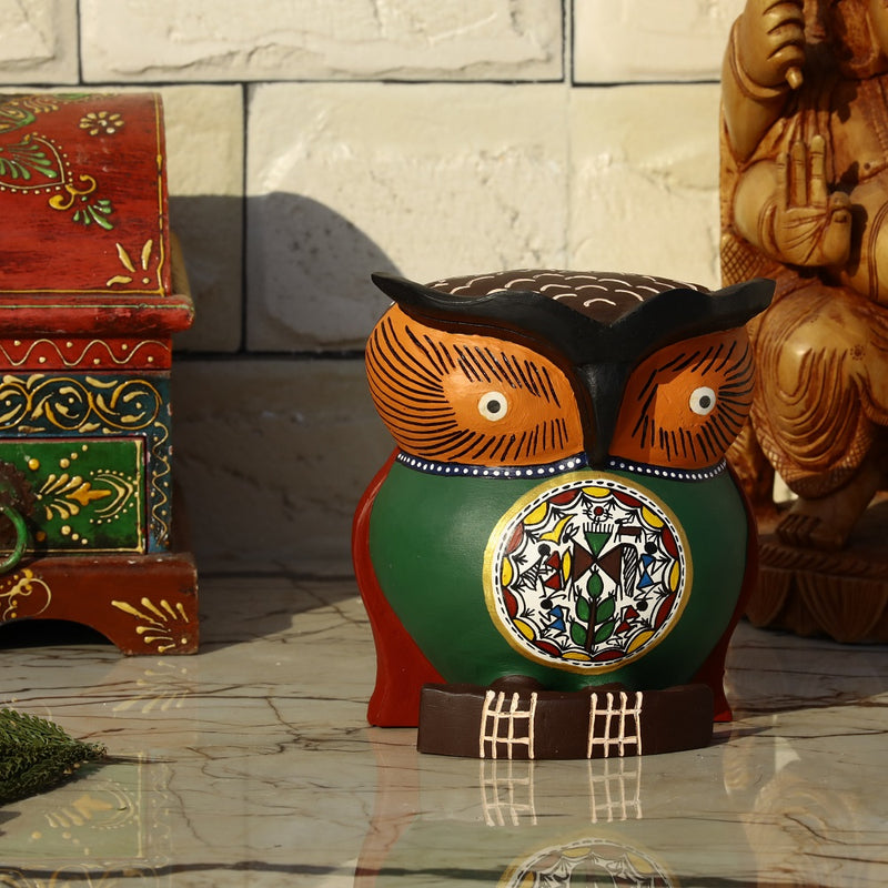 Hand Carved & Hand Painted Wooden Owl - Green with Tribal Motif - 5 inches - Vintage Gulley