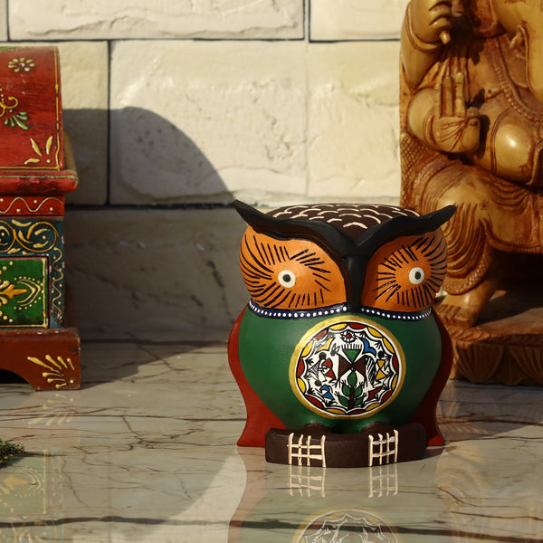Hand Carved & Hand Painted Wooden Owl - Green with Tribal Motif - 3 inches - Vintage Gulley