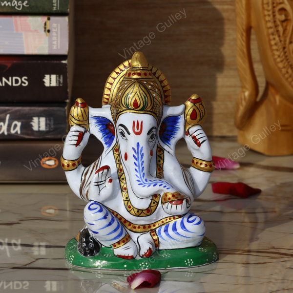 Metal Charbhuja Ganesha Idol Painted - Blue