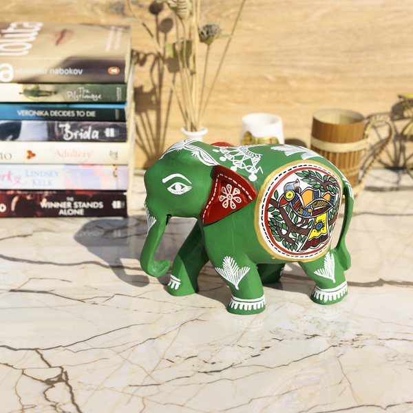 Wooden Hand-Painted Elephant with Warli Art Bird Motif - Green - 5 Inches - Vintage Gulley