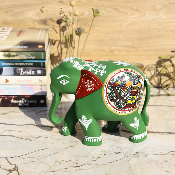 Wooden Hand-Painted Elephant with Warli Art Bird Motif - Green - 6 Inches - Vintage Gulley