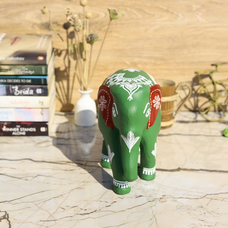 Wooden Hand-Painted Elephant with Warli Art Bird Motif - Green - 6 Inches - Vintage Gulley