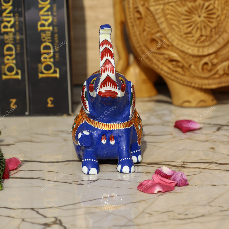 Meenakari Royal Blue Elephant Sitting - 5 Inches