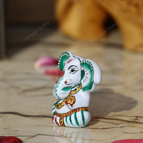 Enameled Metal Appu Ganesha Idol - 2 Inches - White & Green