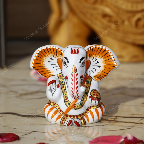 Enameled Metal Appu Ganesha Idol - 2.5 Inches - White & Orange