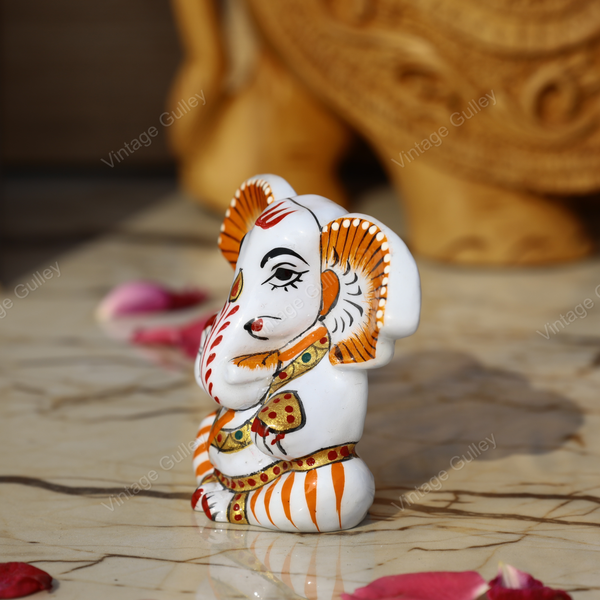 Enameled Metal Appu Ganesha Idol - 2.5 Inches - White & Orange