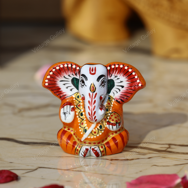 Enameled Metal Appu Ganesha Idol - 2 Inches - Orange