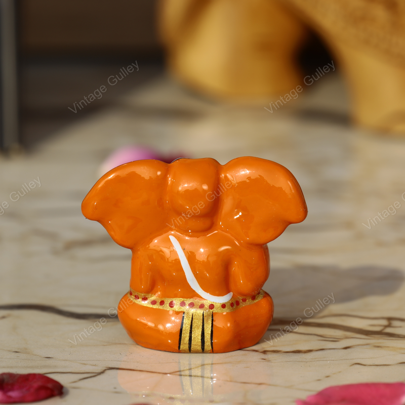 Enameled Metal Appu Ganesha Idol - 2 Inches - Orange