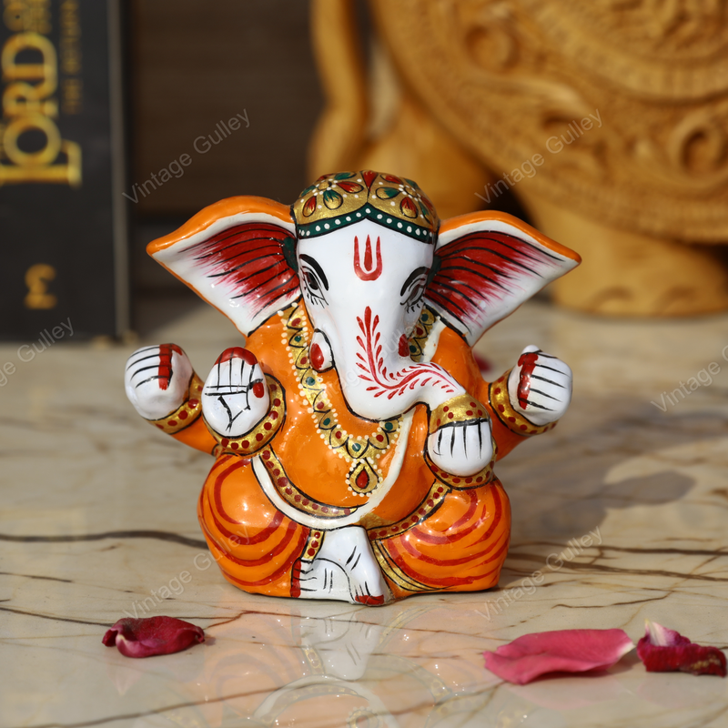 Enameled Metal Appu Ganesha Idol - 4 Inches - Orange