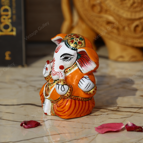 Enameled Metal Appu Ganesha Idol - 4 Inches - Orange