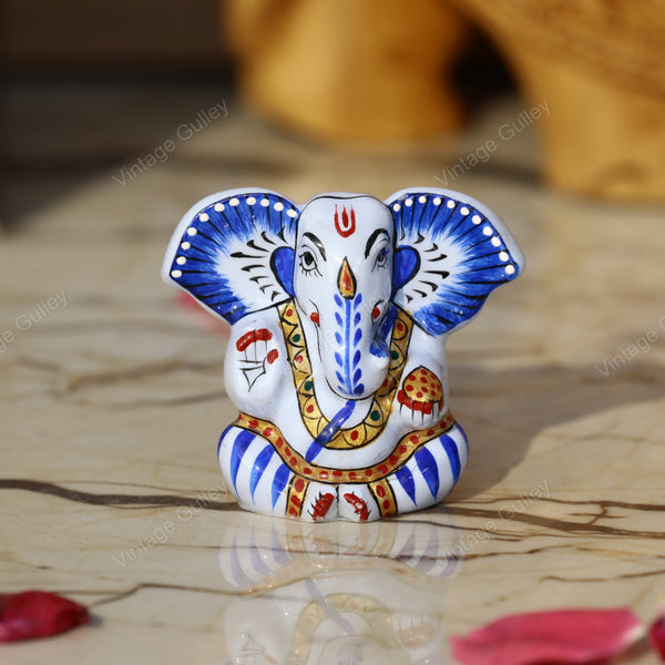 Enameled Metal Appu Ganesha Idol - 2 Inches - White & Blue