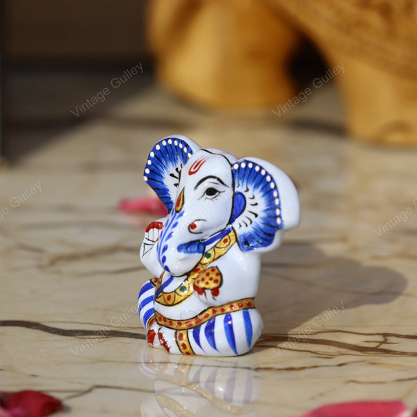 Enameled Metal Appu Ganesha Idol - 2 Inches - White & Blue