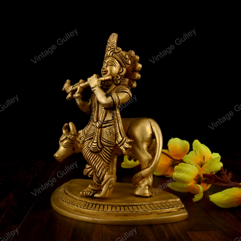 Brass Krishna Statue with Cow - Handcrafted Krishna Flute Playing Idol with Kamdhenu for Home Mandir, Pooja & Vastu - Religious Spiritual Gift