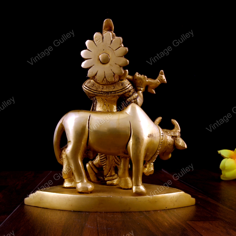 Brass Krishna Statue with Cow - Handcrafted Krishna Flute Playing Idol with Kamdhenu for Home Mandir, Pooja & Vastu - Religious Spiritual Gift - Image 2