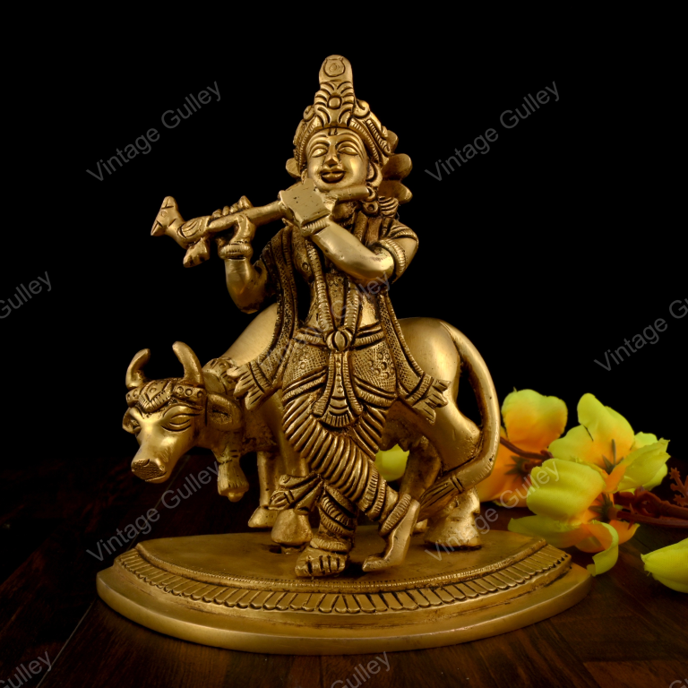 Brass Krishna Statue with Cow - Handcrafted Krishna Flute Playing Idol with Kamdhenu for Home Mandir, Pooja & Vastu - Religious Spiritual Gift - Image 3