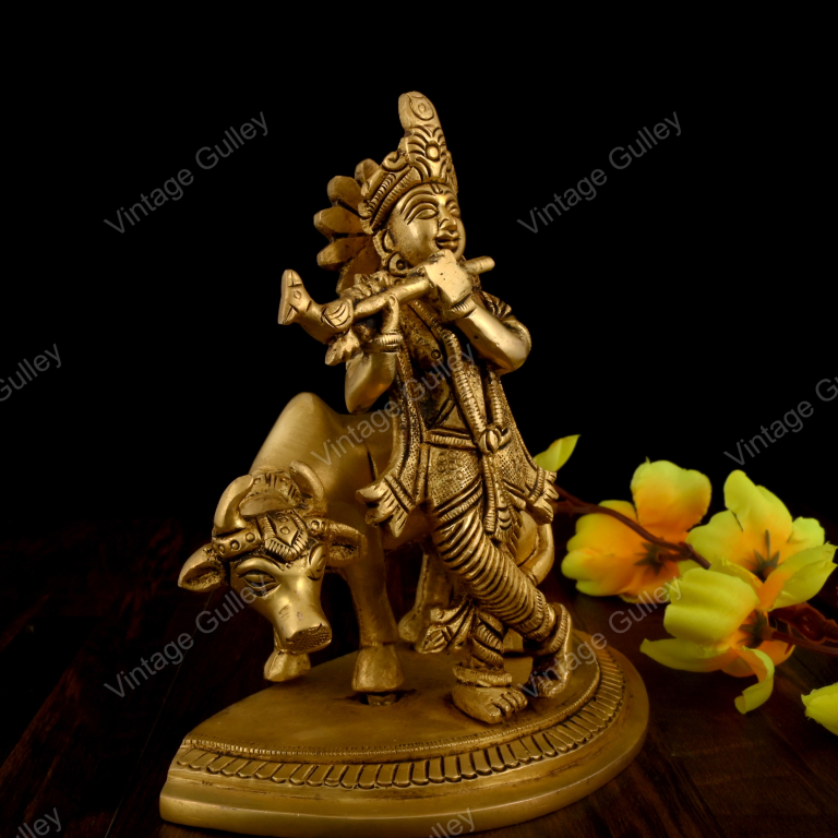Brass Krishna Statue with Cow - Handcrafted Krishna Flute Playing Idol with Kamdhenu for Home Mandir, Pooja & Vastu - Religious Spiritual Gift - Image 4