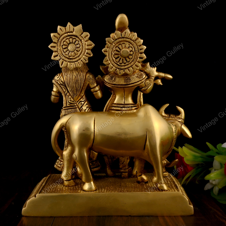 Brass Radha Krishna Statue with Cow - Handcrafted Krishna Flute Playing Idol with Kamdhenu for Home Mandir, Pooja & Vastu - Religious Spiritual Gift - Image 2