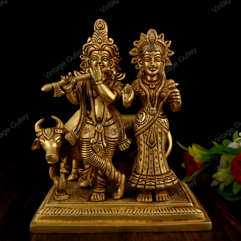 Brass Radha Krishna Statue with Cow - Handcrafted Krishna Flute Playing Idol with Kamdhenu for Home Mandir, Pooja & Vastu - Religious Spiritual Gift