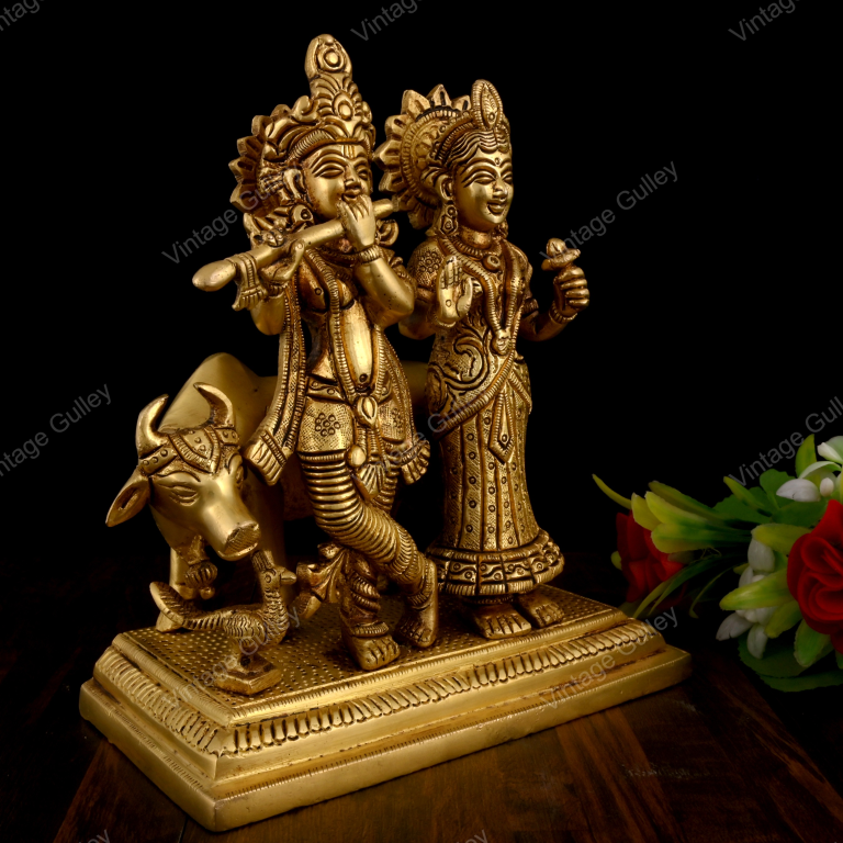 Brass Radha Krishna Statue with Cow - Handcrafted Krishna Flute Playing Idol with Kamdhenu for Home Mandir, Pooja & Vastu - Religious Spiritual Gift - Image 3