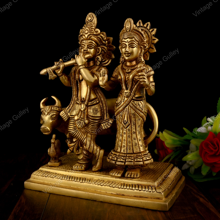 Brass Radha Krishna Statue with Cow - Handcrafted Krishna Flute Playing Idol with Kamdhenu for Home Mandir, Pooja & Vastu - Religious Spiritual Gift - Image 4