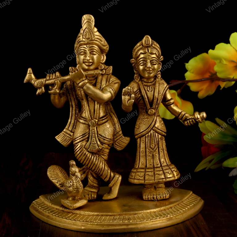 Brass Radha Krishna Statue - Handcrafted Hindu Deity Idol for Home Mandir, Pooja & Vastu - Traditional Radha Krishna Murti Showpiece for Living Room Decor & Gifting